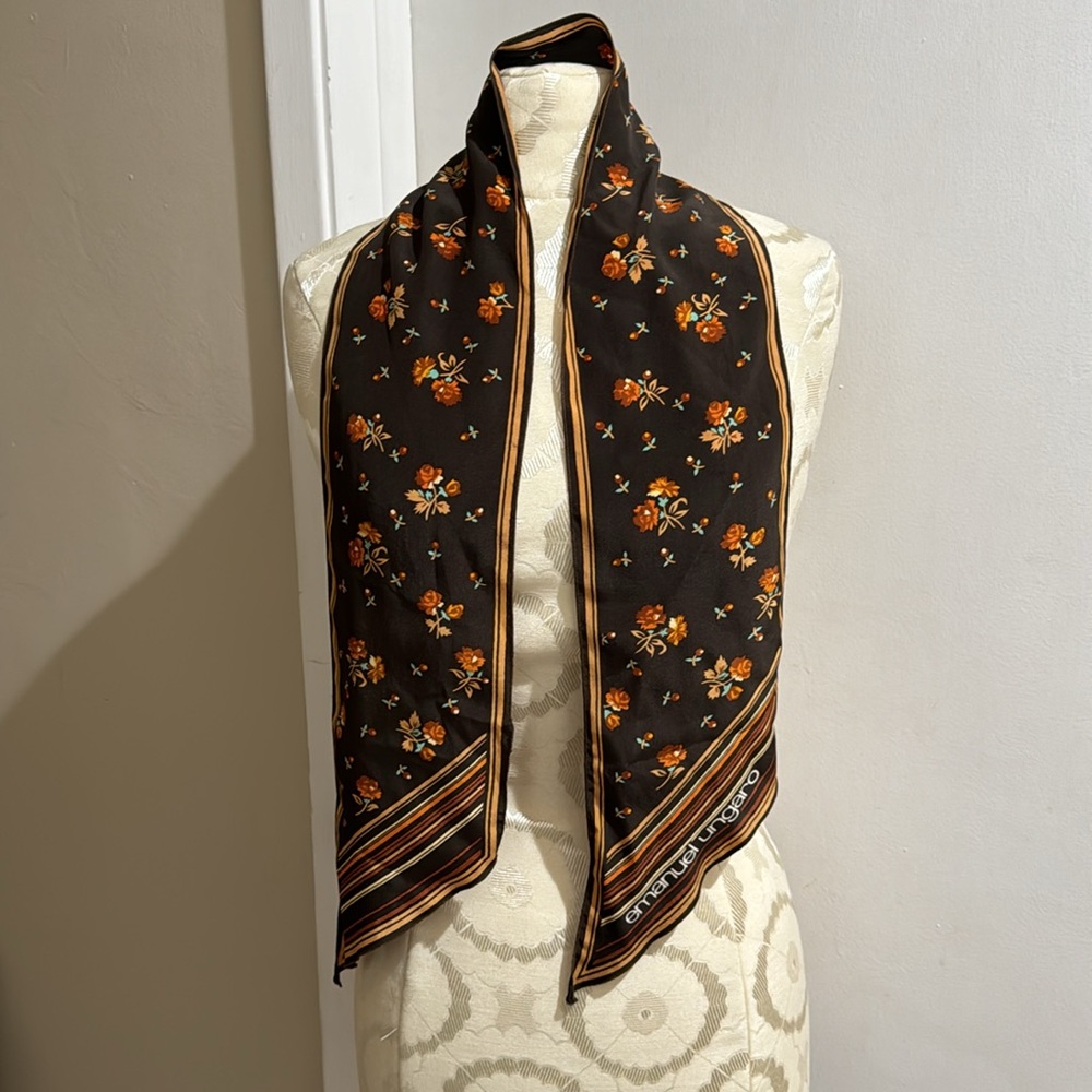 Emanuel Ungaro Silk Vintage Brown Flowers Stripes Lovely 60’s 70’s Skinny Scarf - Picture 7 of 13